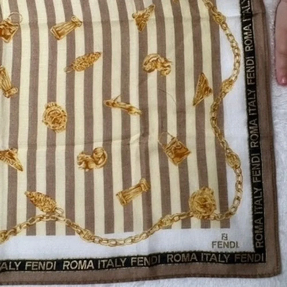 Vtg FENDI Scarf Handkerchief Striped Brown Cream Gold 17.5